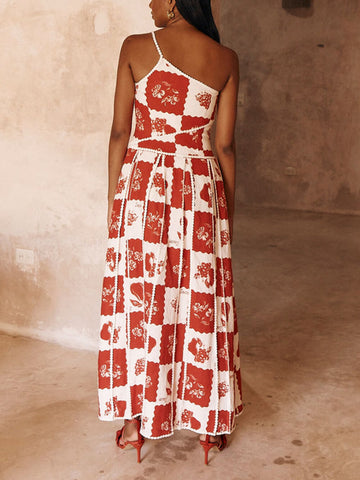 Vestido largo acampanado con un solo hombro y estampado floral 