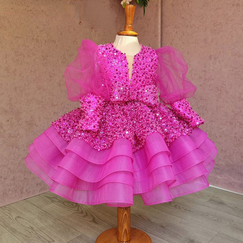 Elegantes Paillettenkleid aus Mesh mit Puffärmeln für Babys und Kleinkinder – Prinzessinnenkleid für die Erstkommunion 