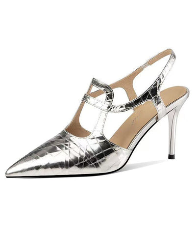 Sandalias elegantes de tacón alto con punta puntiaguda de piel de vaca plateada 