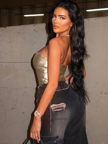 TARUXY Gold PU Crop Tops Für Frauen 2024 Bodycon Backless Sexy Off Schulter Tank Top Heiße Mädchen Straße Schlank Party Rohr top Damen 