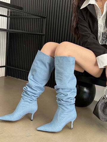 Sexy Overknee-Stiefel für Damen, Chelsea-Booties, spitze Zehenpartie, blau, schwarz, weiß, Jeansstoff, Winterschuhe, Schlupfstiefel für den Herbst 