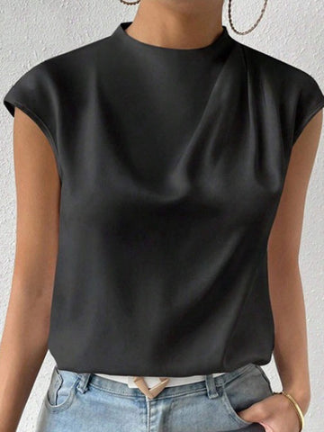 Loose Sleeveless Hollow Pleated Solid Color Mock Neck T-Shirts Tops
