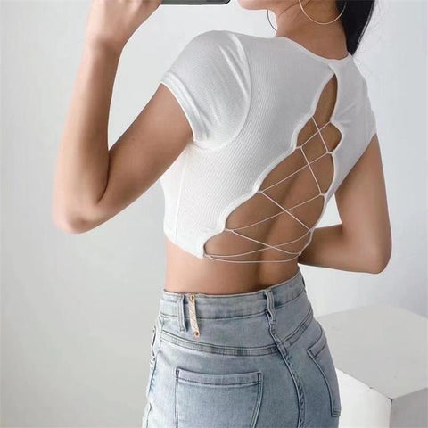 Women's O-neck Backless T-shirt Short Sleeve Solid Color Crop Top Summer Cute Baby Tee Y2K Clothes Skinny Tunics Fashion Tops