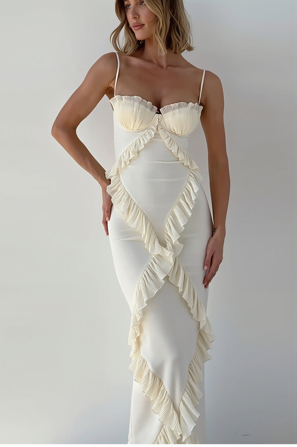 Lace Ruffle Spaghetti Strap Maxi Dress