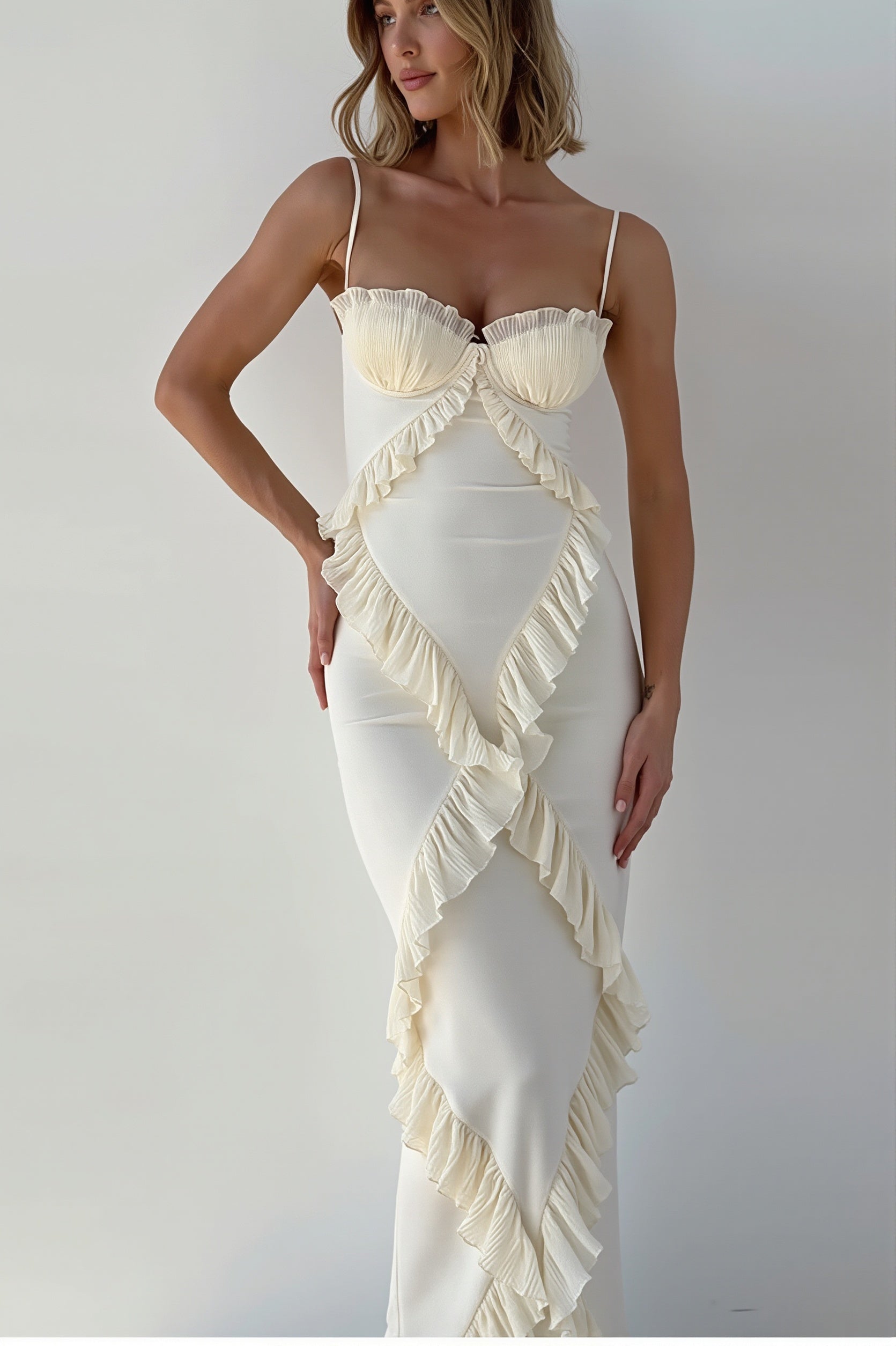 Lace Ruffle Spaghetti Strap Maxi Dress