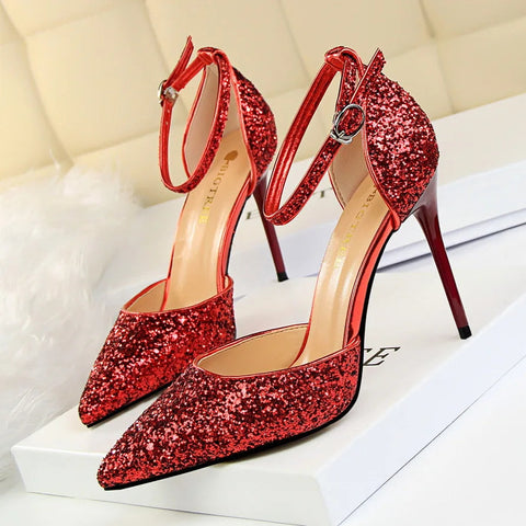 summer new European style stiletto heels shallow mouth pointed head sequins sexy nightclub show thin sandals for women