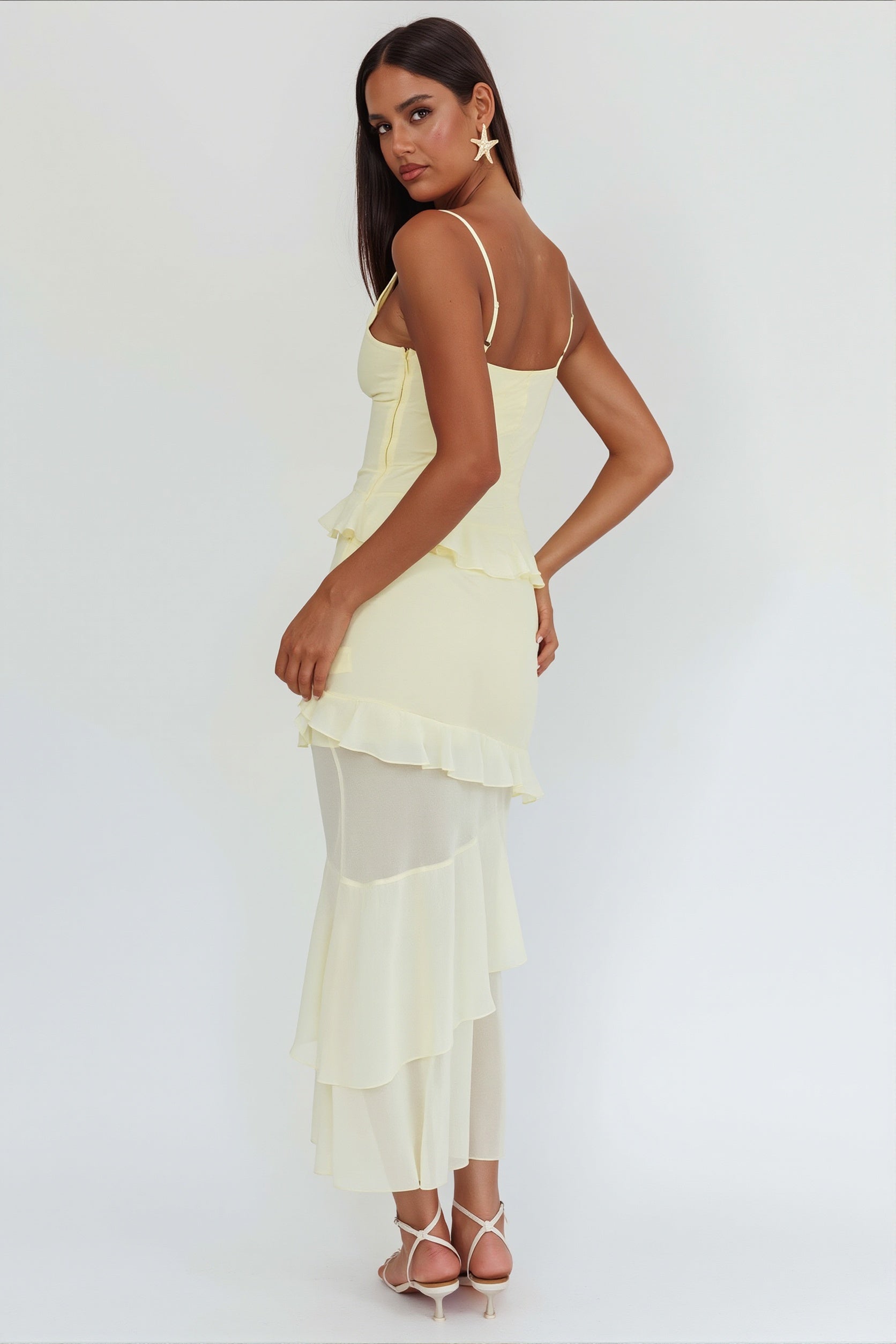 Flowy Solid Ruffle Slim Cami Maxi Dress