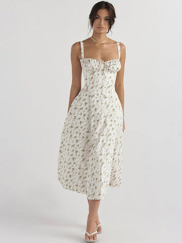 Vestido midi de fiesta con corsé, floral, tirantes anchos, espalda descubierta y abertura lateral