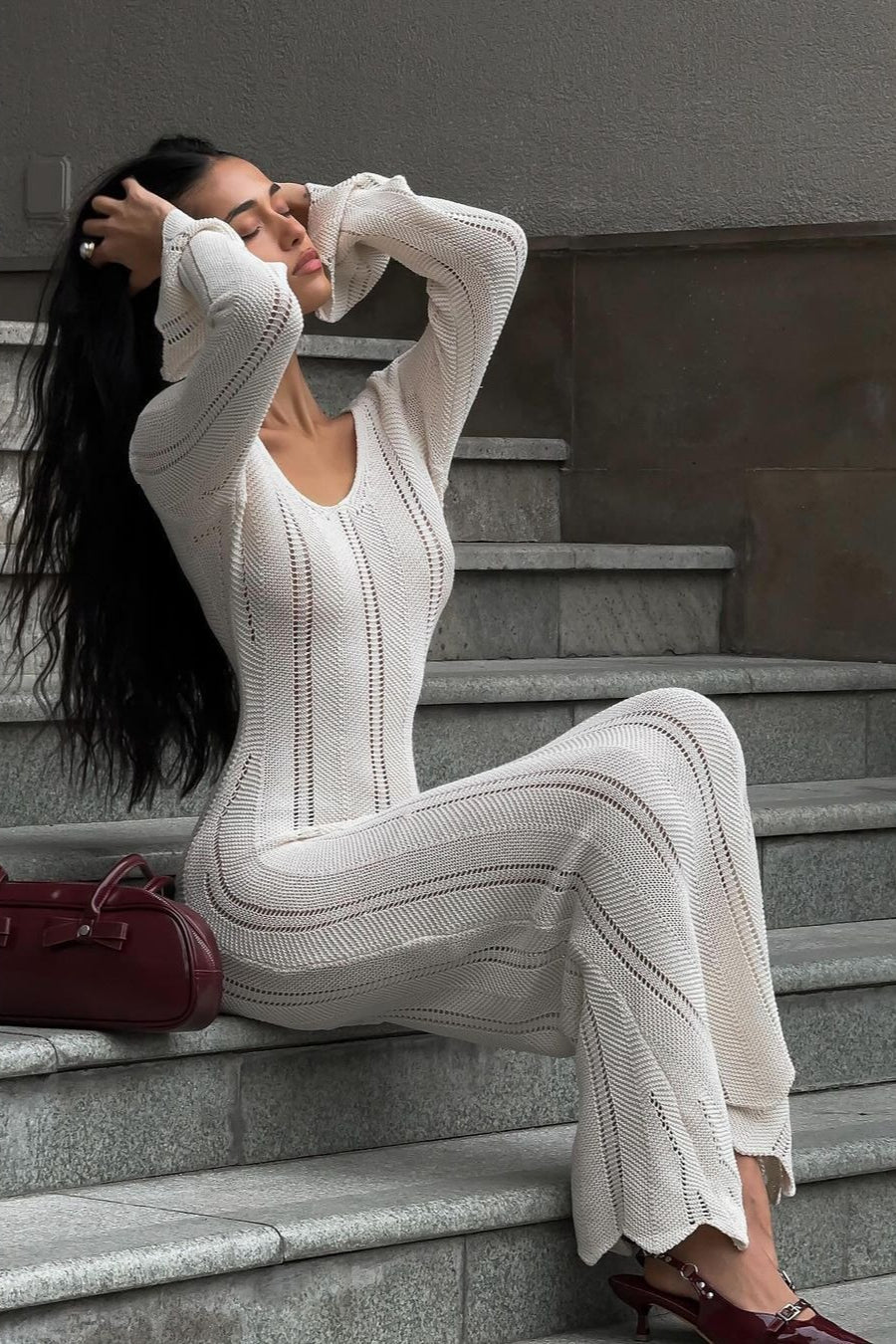 Elegant U Neck Knit Flare Sleeve Sheer Cutout Bodycon Maxi Dress