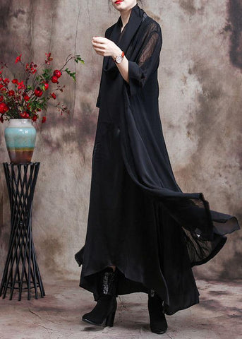 French Asymmetric Flowy Black Chiffon Cardigan Oversized Coats