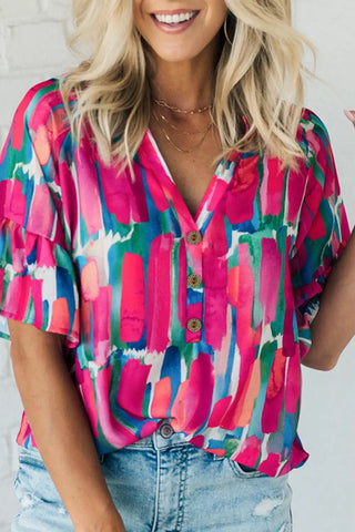 chic rose abstract brushwork v neck blouse