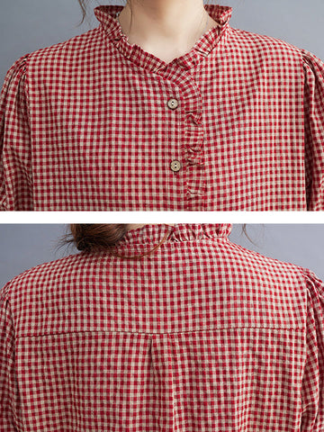 Loose Oversize Plaid Pleated Split-Joint V-Neck Blouses