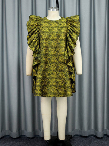 Lockeres Minikleid mit hoher Taille, Blumendruck, Rüschen, Reißverschluss und Rundhalsausschnitt 