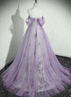 Lavender Tulle A-line Beaded Off Shoulder Party Dress Long Formal Quinceanera Dress