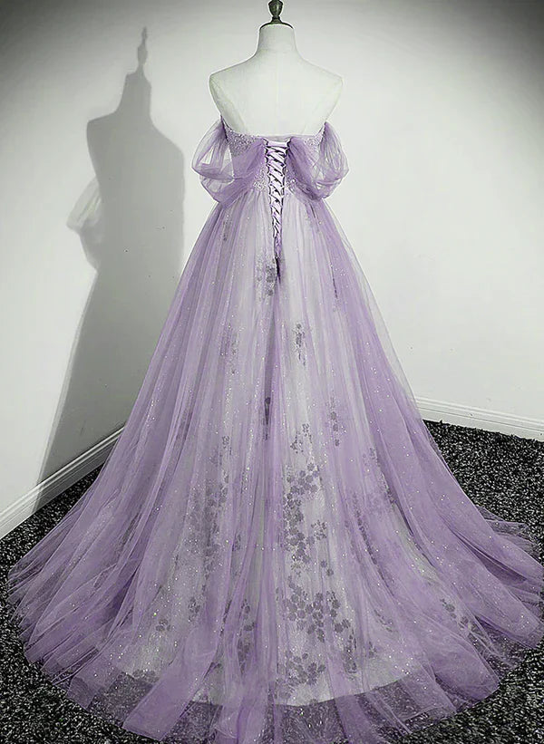 Lavender Tulle A-line Beaded Off Shoulder Party Dress Long Formal Quinceanera Dress