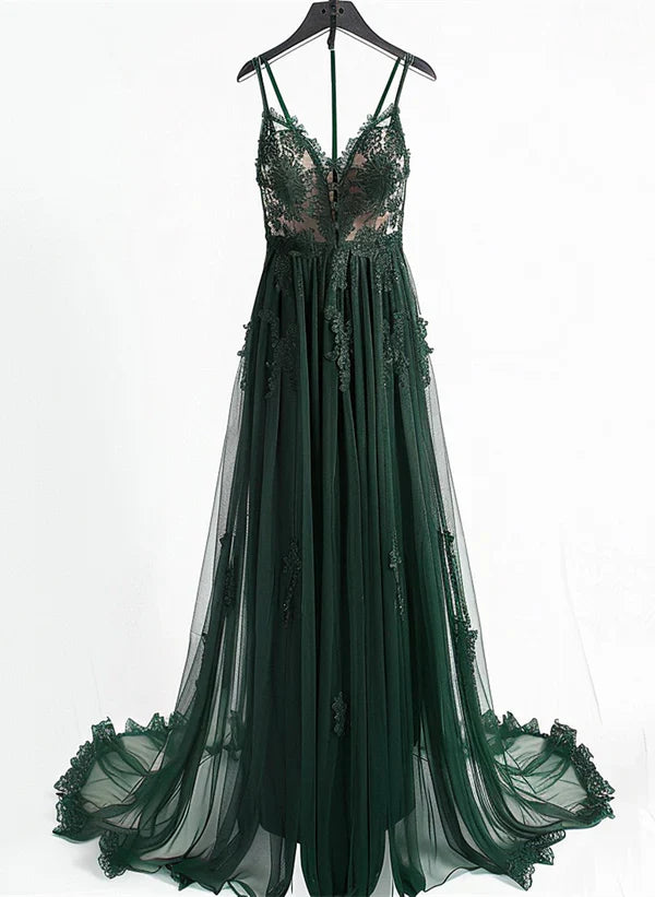 A-Linie V-Ausschnitt Spaghettiträger Tüll mit Spitze Ballkleid Abendkleid