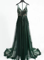 A-Linie V-Ausschnitt Spaghettiträger Tüll mit Spitze Ballkleid Abendkleid