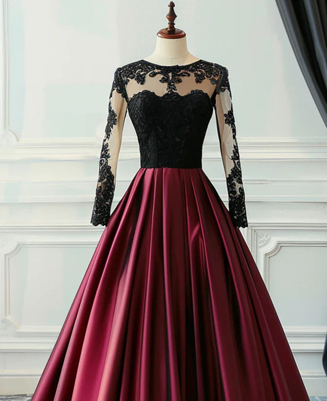A-Linien-Ballkleid weinroter Satin mit schwarzer Spitze Langarm Abschlussballkleid festliches Kleid
