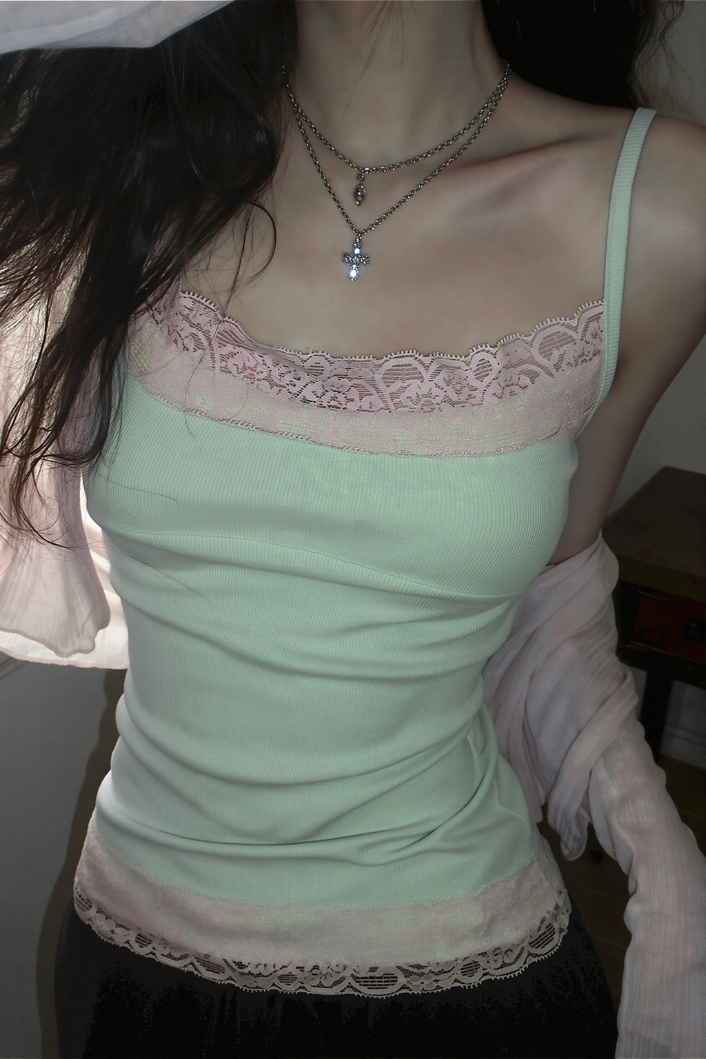 Contrast Lace Knit Slim Cami Top