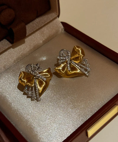 Boho Gold Alloy Asymmetrical Bow Zircon Silk Stud Earrings