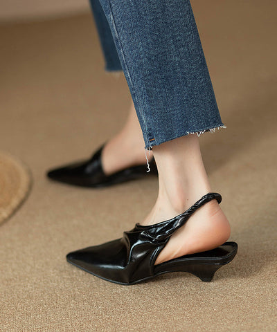 Schwarze Kätzchen Rindsleder Leder Handgemachte Spleißen Sandalen Spitz 