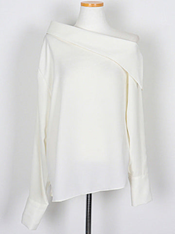 Long Sleeves Asymmetric Buttoned See-Through Solid Color One-Shoulder Blouses&Shirts Tops
