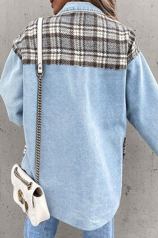 Prenda de abrigo con cuello vuelto, bolsillos y retazos a rayas y cuadros urbanos (6 colores) 