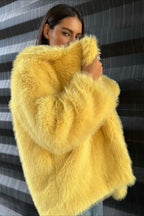 Yellow Faux Fur Open Front Coat