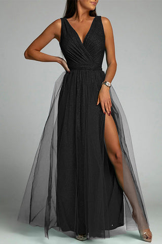 Meridress Sleeveless V Neck High Waist Slit Maxi Glitter Party Dress
