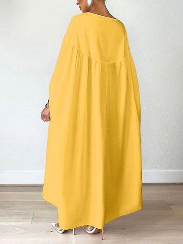 Batwing Sleeves Loose Pleated Solid Color Split-Joint Round-Neck Maxi Dresses
