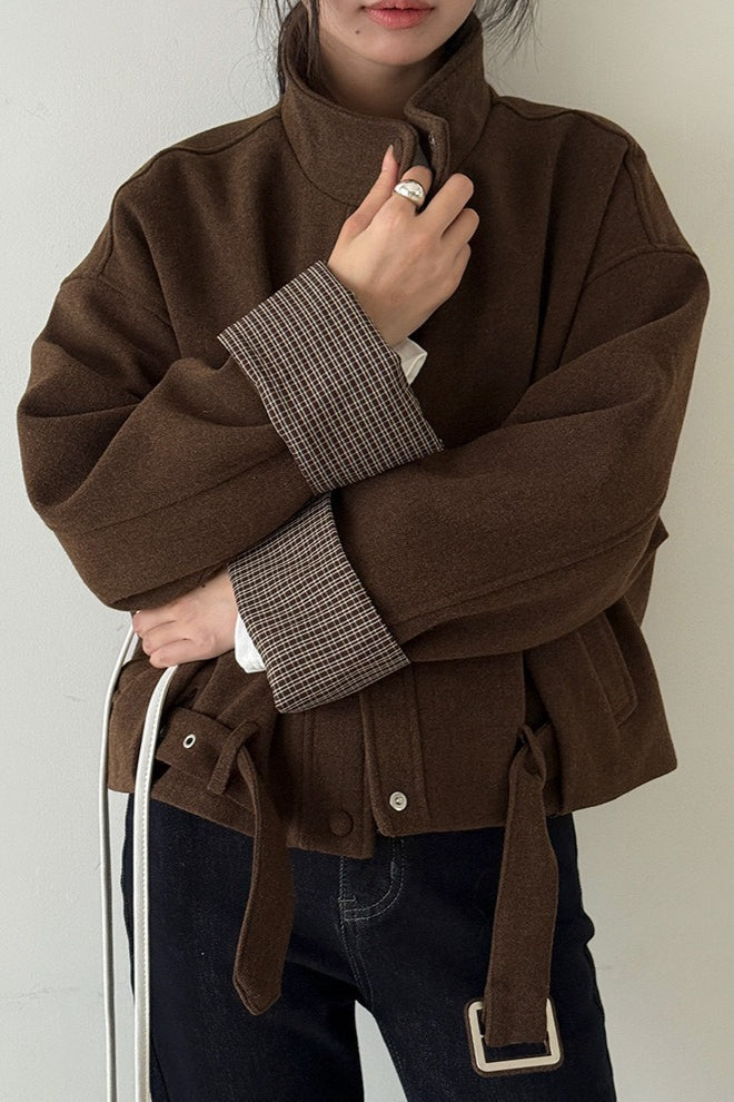 Short Cuffed Check Pieced Stand Collar Wool Coat