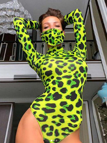 Body de manga larga con estampado de piel de leopardo para mujer, mono sexy verde neón, top ajustado de leopardo, monos de moda 