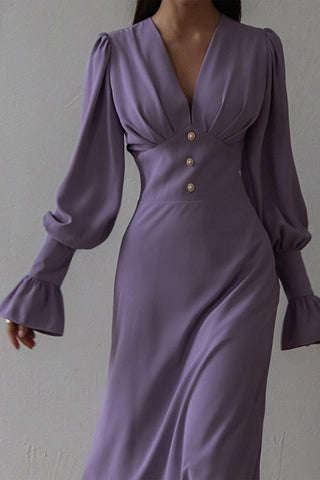 Solid V-Neck Lantern Sleeve Midi Dress