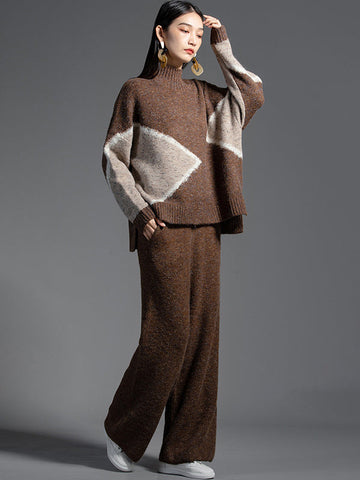 Casual Long Sleeves Loose Contrast Color Jacquard High-Neck Sweater Tops