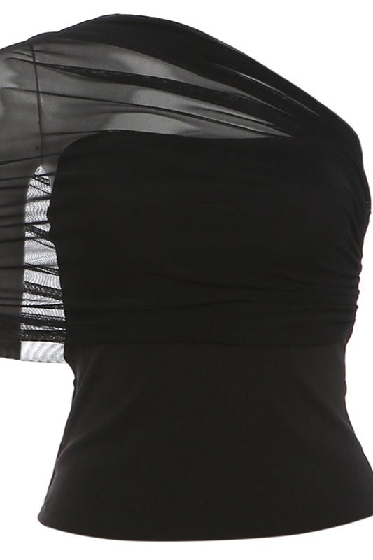 Asymmetric Shoulder Ruched Fitted Blouse