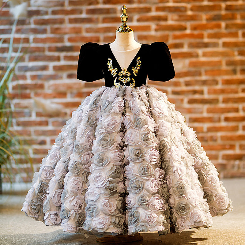 Vestido de niña de las flores para comunión, fiesta de cumpleaños, vintage, floral, esponjoso, princesa. 