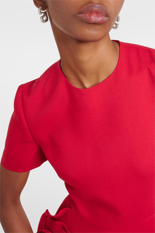 Vestido midi rojo de manga corta con cuello redondo y estampado floral 3D 