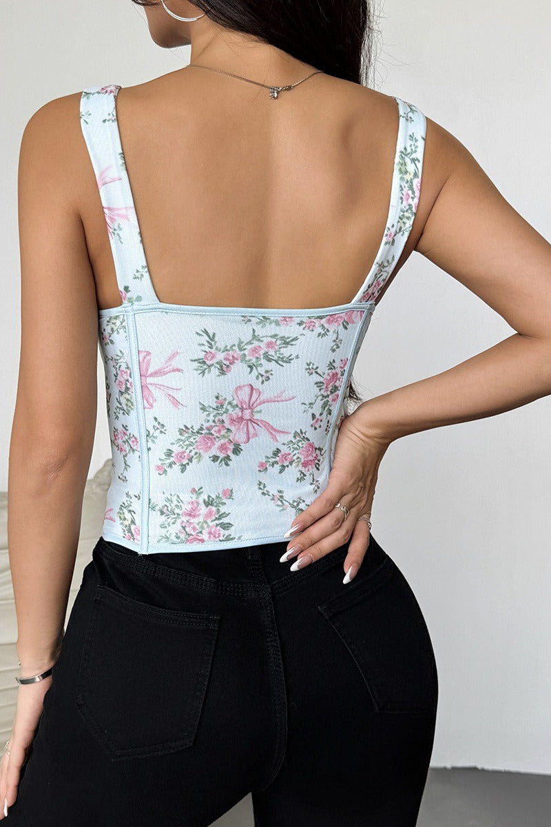 Garden Floral Print Bone Tie Bow Cami Top