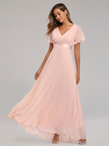 Chiffon-Ballkleider V-Ausschnitt Kurze Ärmel Halbformelles Maxikleid 