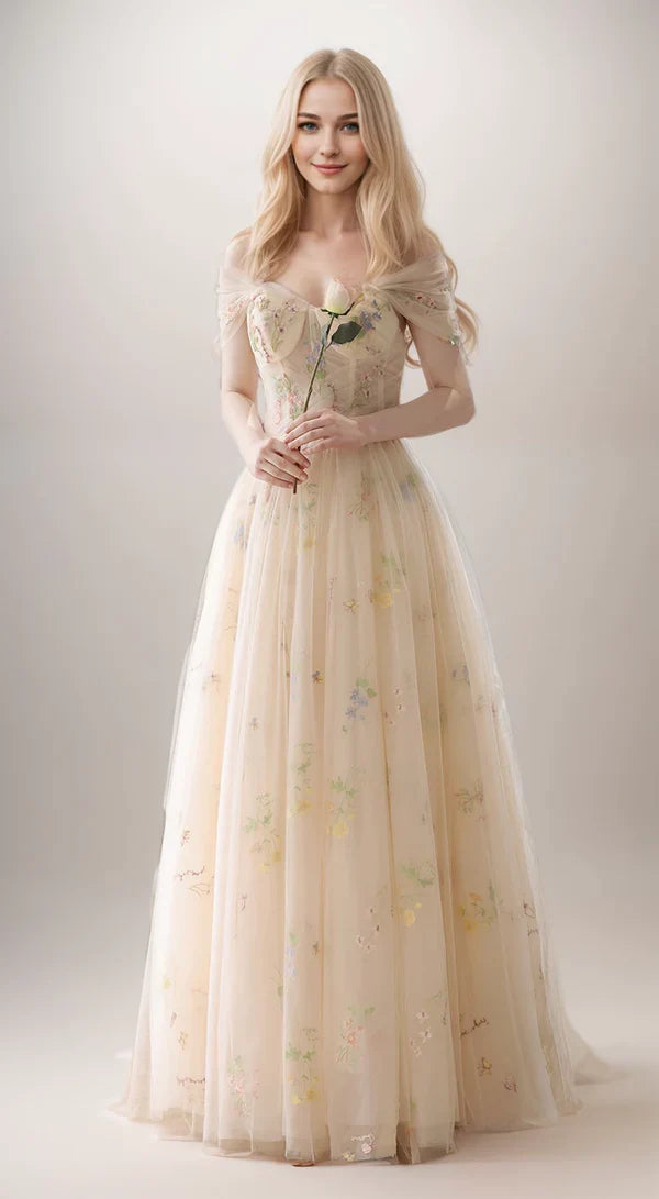 Vestido de fiesta largo estilo princesa con hombros descubiertos, mangas desmontables y tul con encaje floral
