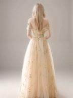 Vestido de fiesta largo estilo princesa con hombros descubiertos, mangas desmontables y tul con encaje floral