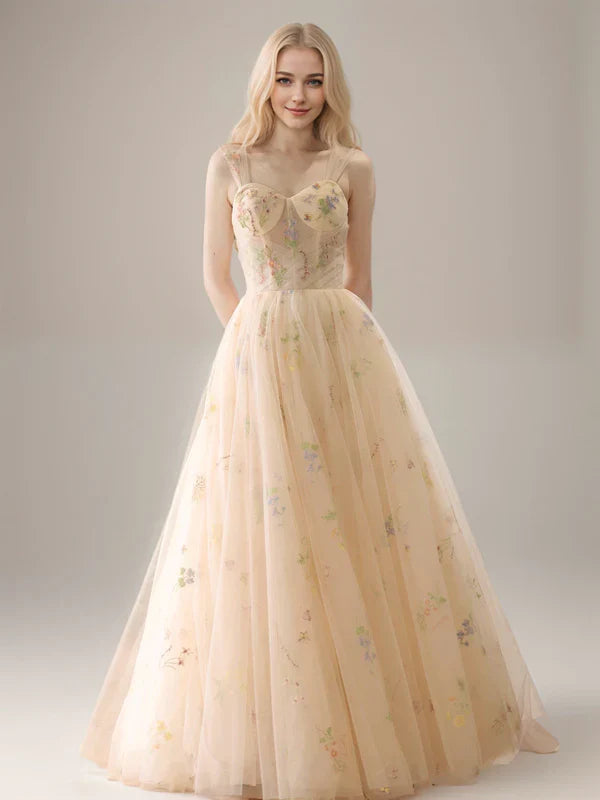 Vestido de fiesta largo estilo princesa con hombros descubiertos, mangas desmontables y tul con encaje floral