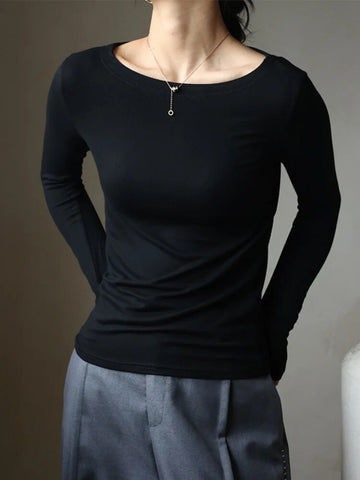 Autumn Women's T-Shirts Modal Layering Tops Solid Color Sexy Slash Neck Slim Classic Elegant Korea Winter Female Blouse