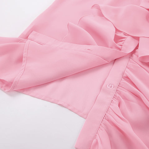 Bluse aus transparentem Chiffon mit Rundhalsausschnitt, Glockenärmeln und Wasserfall-Rüschen 