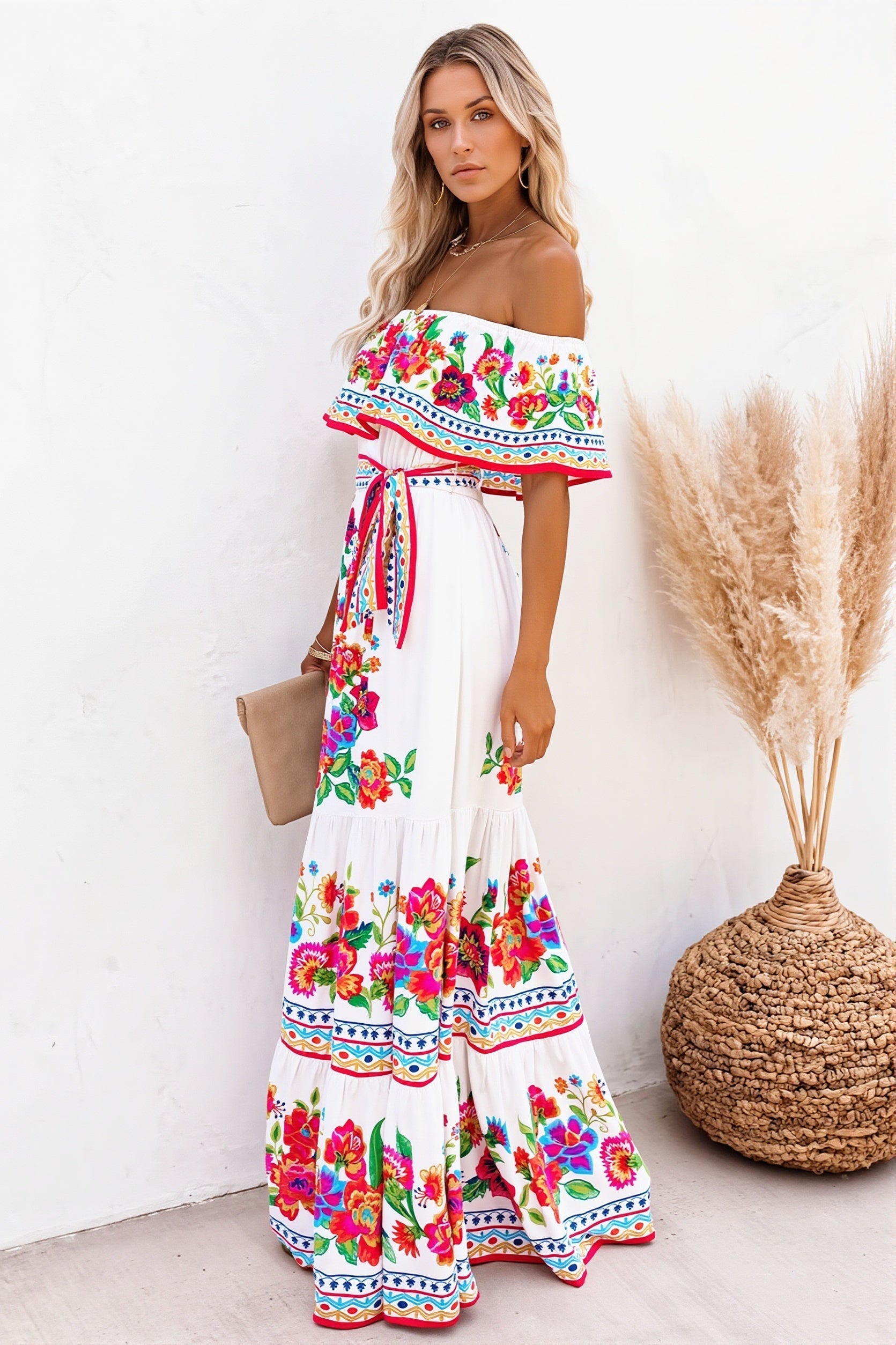 Ruffle Off Shoulder Bright Long Boho Dress