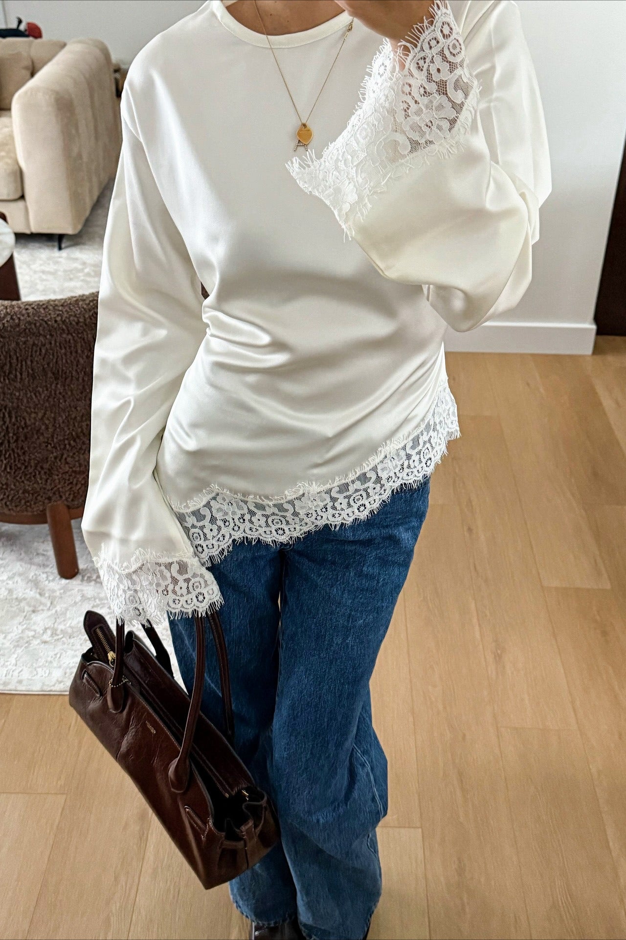 Lace Panel Solid Casual Blouse