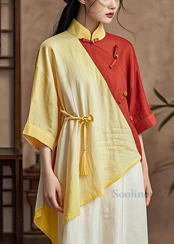 Chinese Style Pink Asymmetrical Button Cotton Blouses Half Sleeve