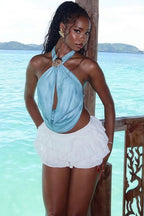 Sexy Solid Draped Shell Button Halter Top