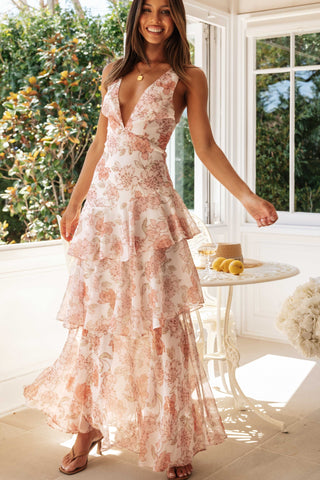 Vestido midi floral con escote en V, mangas y espalda descubierta 