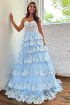 Prinzessinnen-Abendkleid in A-Linie mit Spaghettiträgern, blauem Korsett und Spitzenrüschen